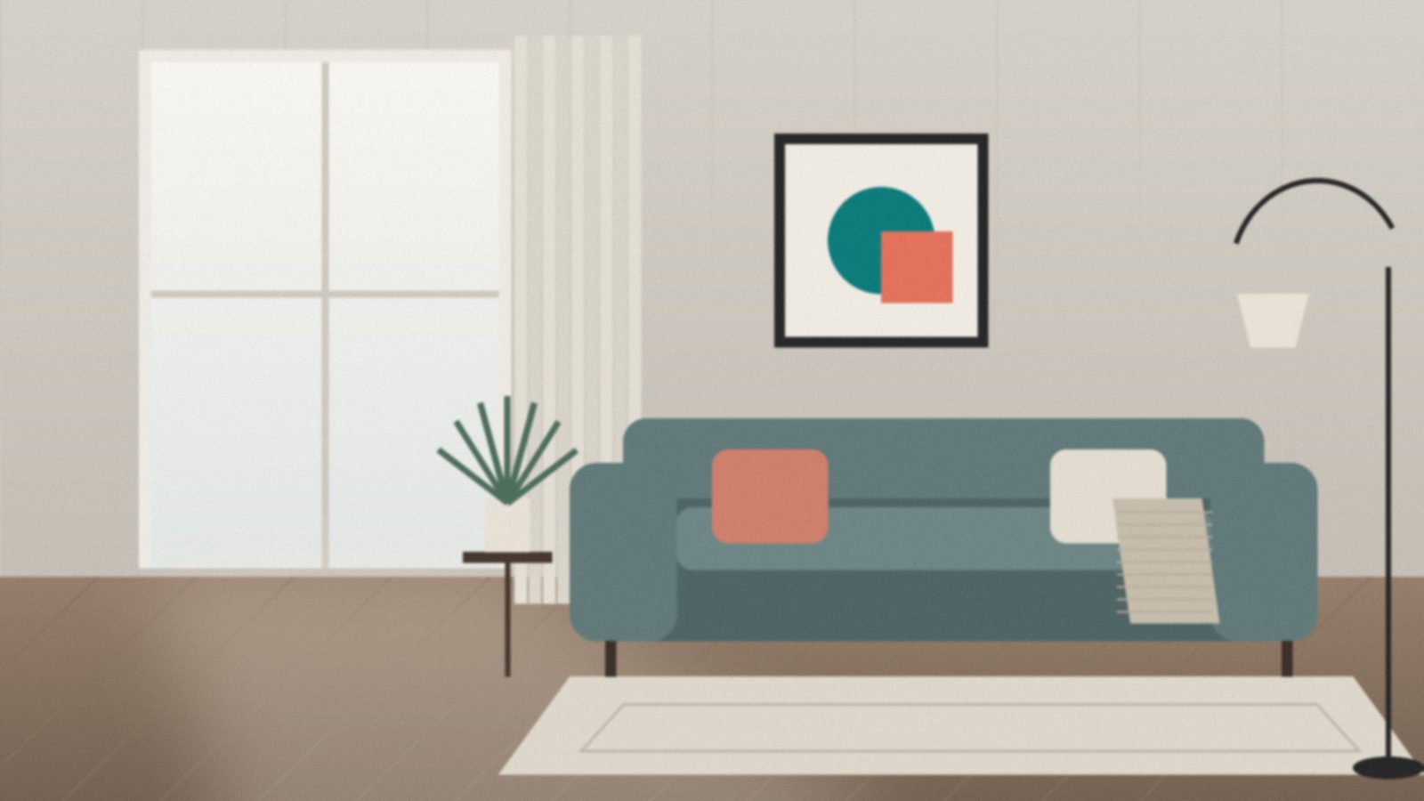 A quiet living room with a linen sofa, a floor lamp and soft daylight from a tall window